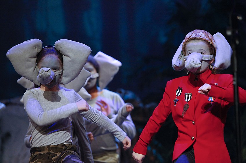 Elephants Sophia Clauson and Emma Grace Freeman stomp around the stage. Photo by Sorcha Augustine.