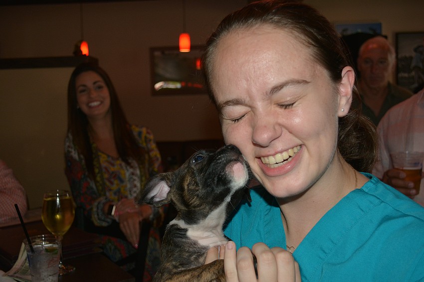 Nate's Michaela Oglesby gets a kiss from Brielle, an 8-week-old boxer, pit bull mix.