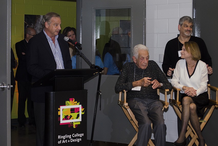Chairman Dean Eisner thanks Richard and Barbara Basch to the ribbon cutting of the Basch Visual Arts Center.