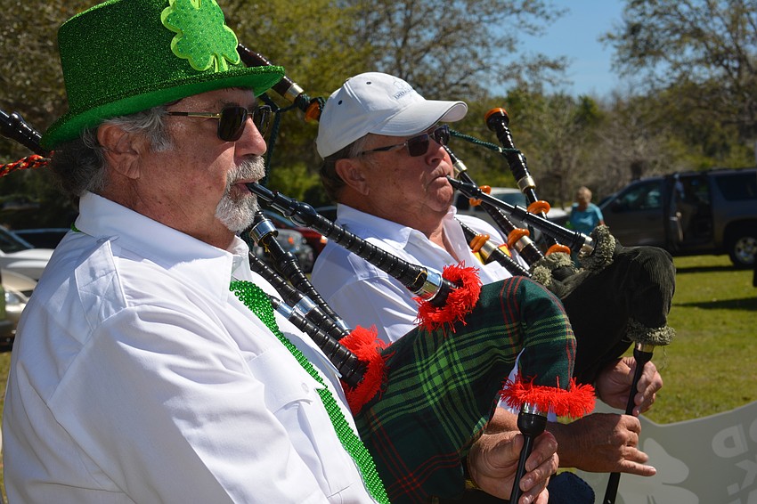Pipers Bob Fair and Tony Huleatt of Lion Rampart Pipe and Drum, blow out a tune at the Irish Celtic Festival.