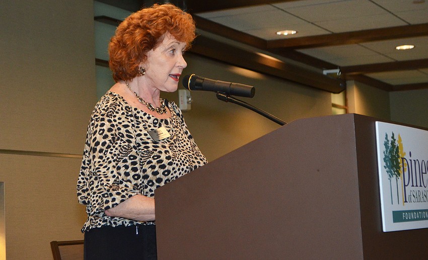 President of Pines of Sarasota Foundation Estelle Crawford addresses the crowd at the Giving Tree Society Luncheon on March 14 at Michael’s on the Bay.
