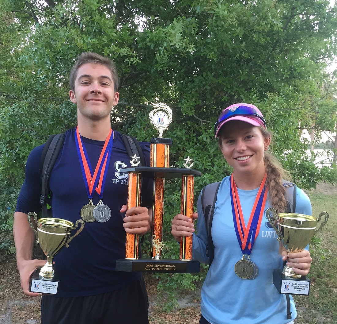 Team Captains Jeremy Lipford  and Tatum Cox with the Menâ€™s Point Trophy, Womenâ€™s Point Trophy, and Overall Team Point Trophy. Courtesy photo.