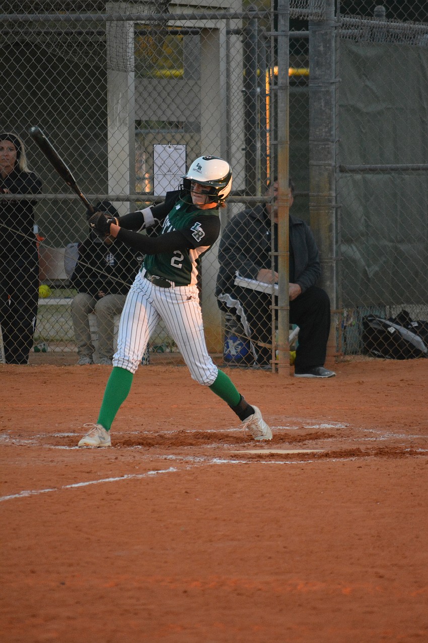 Lakewood Ranch'  s Avery Goelz hits a liner to the outfield.