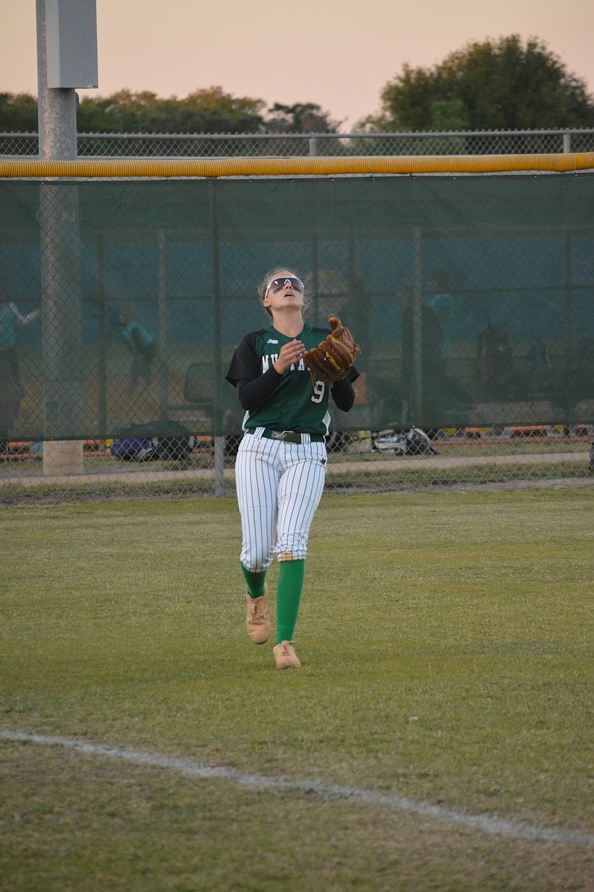 Lakewood Ranch'  s Mackenzie Meyer positions herself under a fly ball.