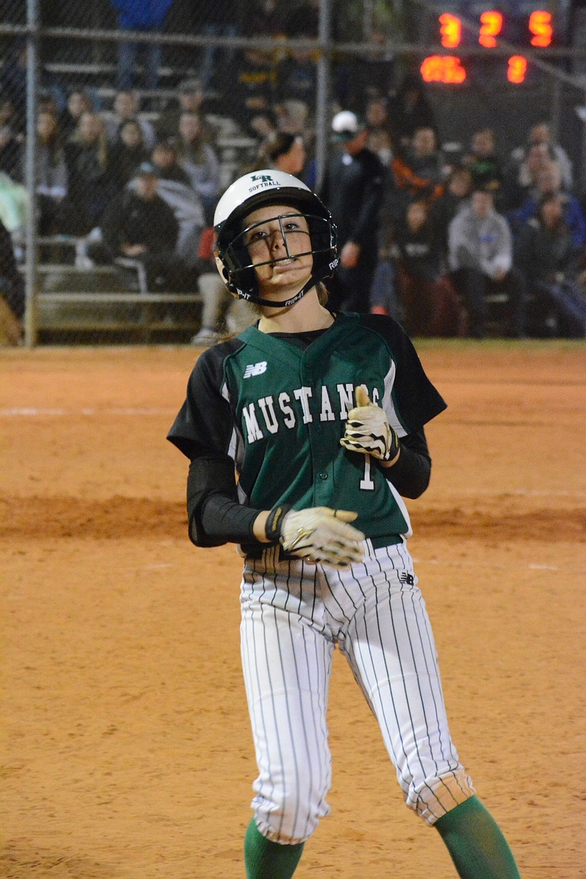 Lakewood Ranch'  s Denali Schappacher turns back toward home after hitting a ball foul.