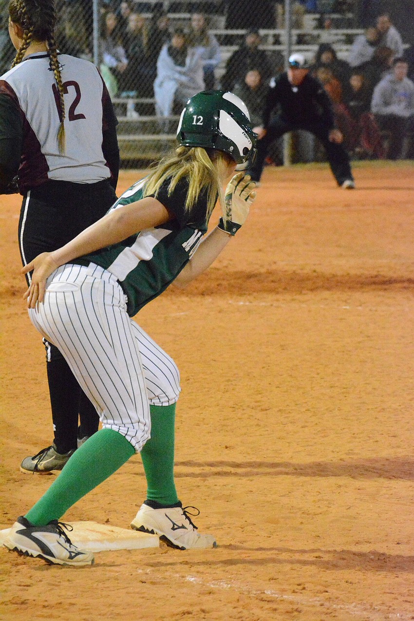 Lakewood Ranch'  s Maddie Koczersut watches for an opportunity to steal second.