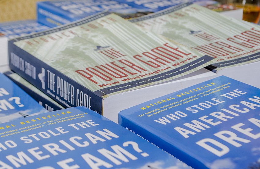 Copies of Hedrick Smith'        s books were on sale.