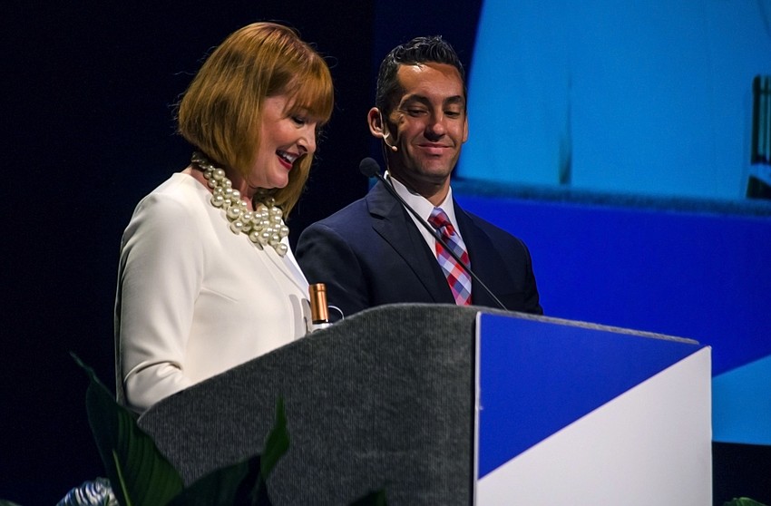 Incoming RCLA Town Hall Chairwoman and Observer Publisher Emily Walsh thanks outgoing RCLA Town Hall Chairman Patrick Duggan