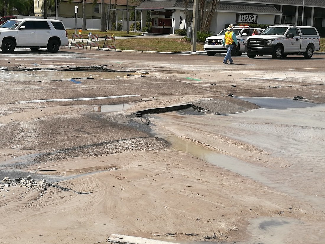 City crews are responding to the water main break, but it&#39;      s unclear when the road will reopen. Image courtesy city of Sarasota.