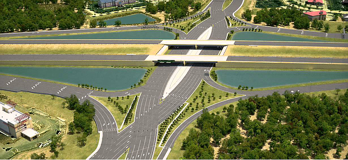 The diverging diamond interchange functions similarly to a regular diamond-configured interchange, except that traffic travels on the left side through the interchange to eliminate left turns. Courtesy image.