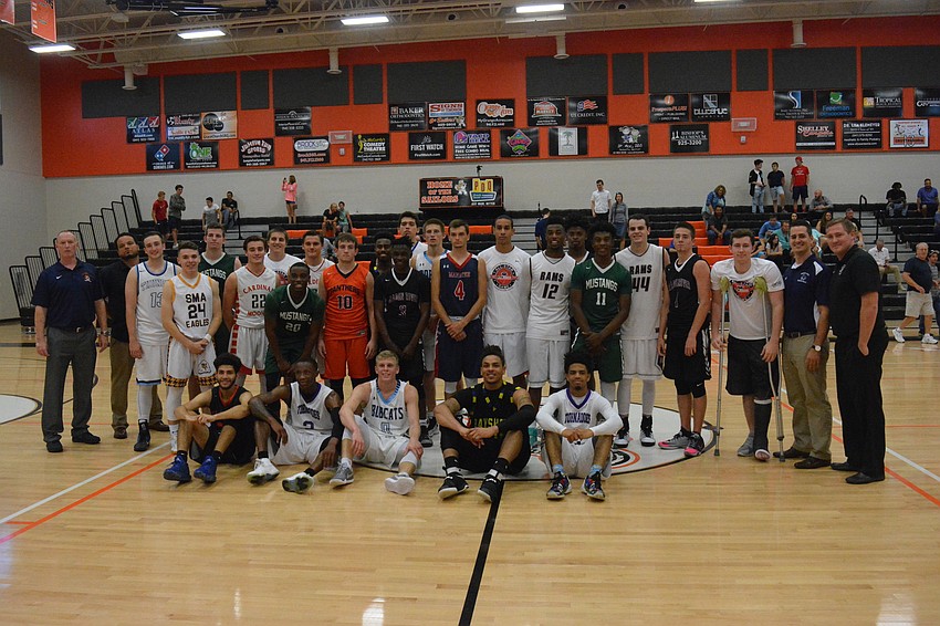 The Manatee and Sarasota boys rosters after the game, which Sarasota won 120-118.
