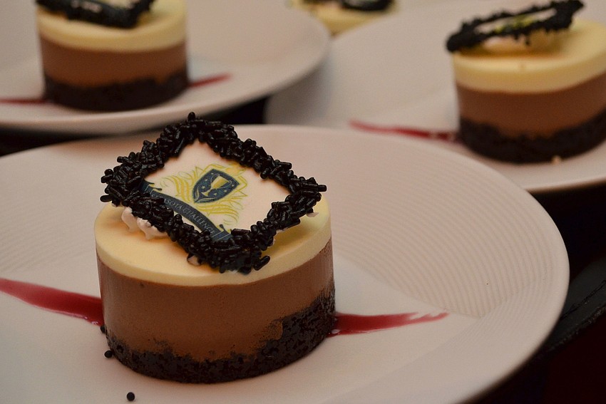 Guests were served black and white mousse cake with whipped cream garnish and a Sarasota Challenge logo at the dance competition on March 26 at Hyatt Regency Sarasota.