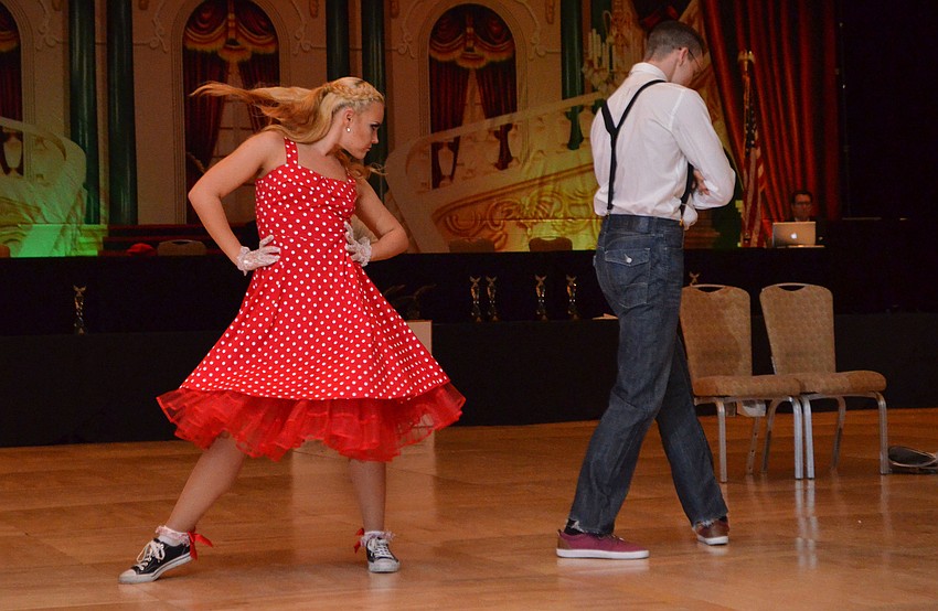 Yulia Rudenco and Daniil Rostvinschii perform the jive at Sarasota Challenge on March 26 at Hyatt Regency Sarasota.