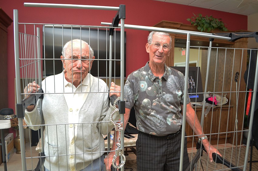 Stan Horwich and Jack Keelin goof off on the set before the performance starts.