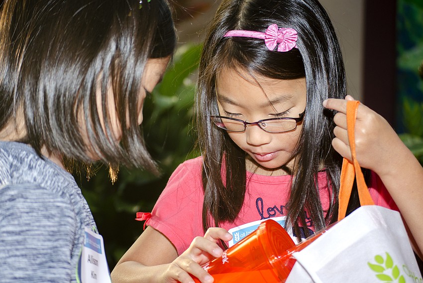 Allison and Anna Kim look through their bag of Campaign Against Summer Hunger products.