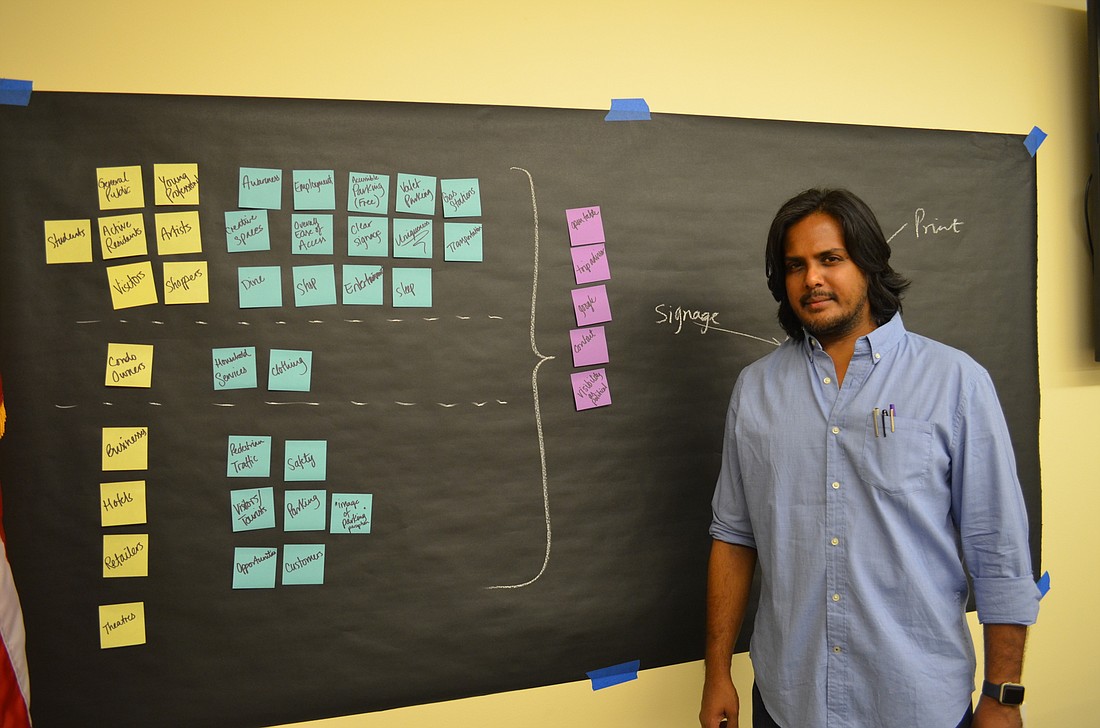 Anand Pallegar, founder of atLarge Inc., took down a series of notes at Tuesdayâ€™s DID workshop. The information gathered will be used to make recommendations on a downtown promotional effort.