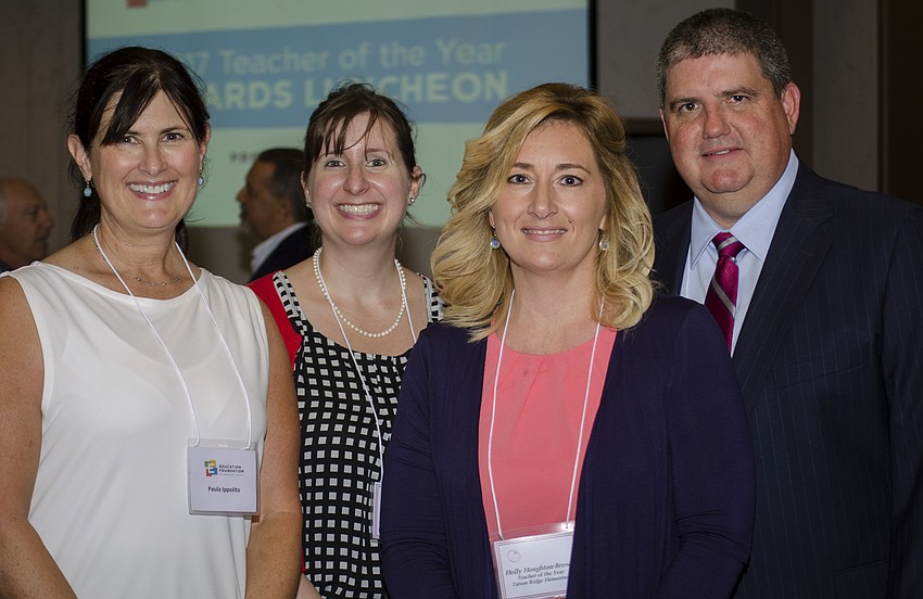 Paula Ippolito, Taylor Collins, Sarasota County Teacher of the Year finalist Holly Houghton-Brown and Superintendent Todd Bowden