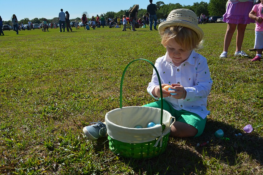 Lakewood Ranch' s Mark Eubanks, 3, sorts through his bounty at Eggsravaganza.