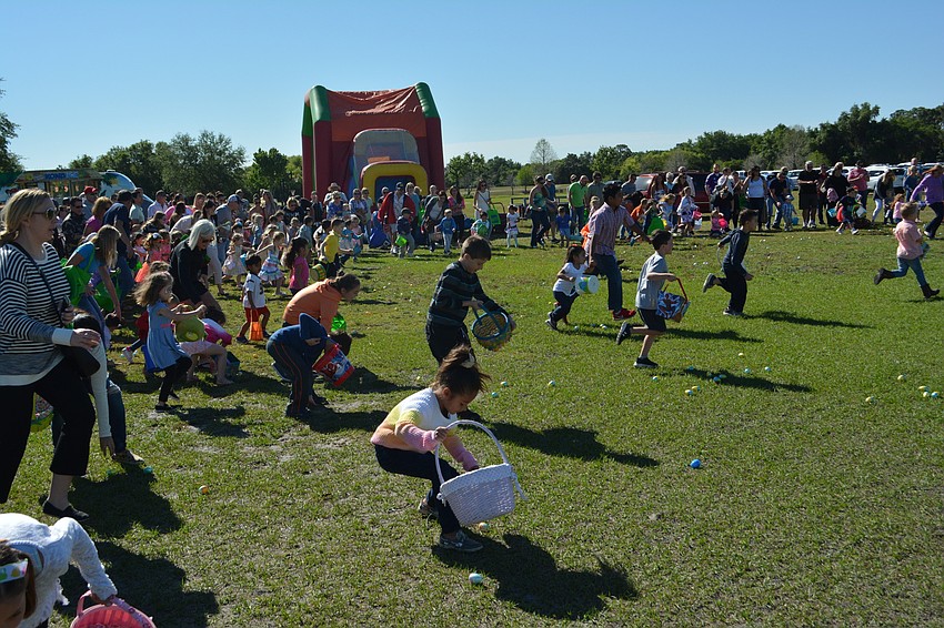 The race for eggs began about 10:15 a.m., and by 10:20 p.m., the eggs were gone.