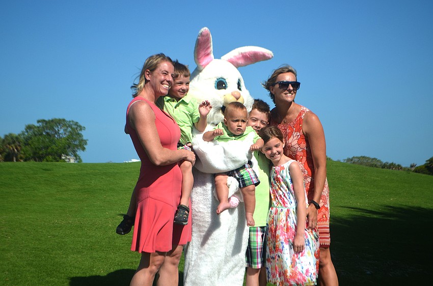 Christine Crandall, Matt Crandall, Nolan Ruiz, Ryan Crandall, Addison Crandall and Katie Ruiz pose with the Easter Bunny