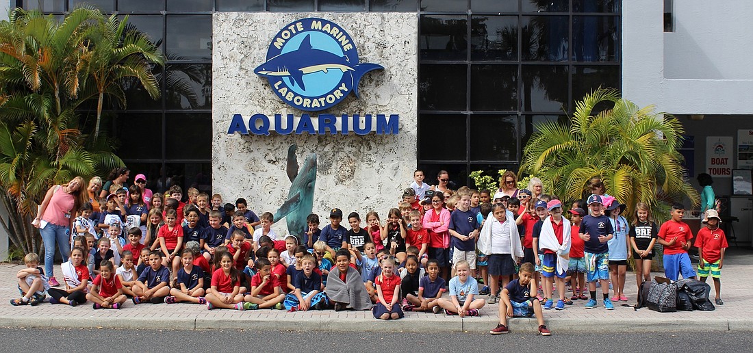 About 120 Braden River Elementary School second-graders, teachers and chaperones gather before the start of their field trip at Mote Marine Laboratory & Aquarium.