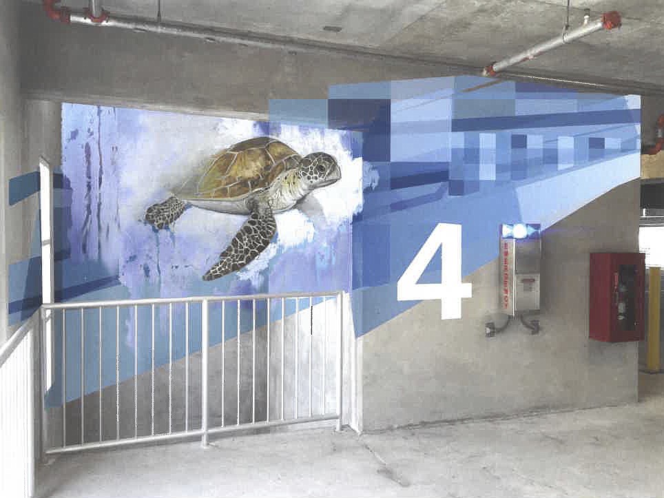 The selected garage design uses marine life to remind people which floor they parked on.