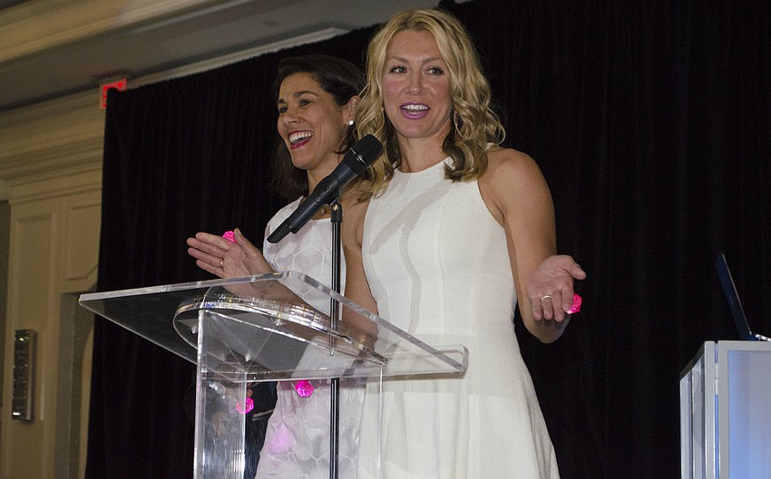 Co-Chairwomen Katherine Ferrara and Jennifer Steube laugh as they welcome guests to Paws on the Catwalk on April 20 at The Ritz-Carlton, Sarasota.