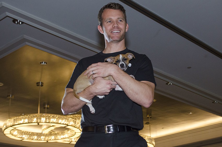 Munchkin, a three-month-old-chihuahua mix, is carried down the runway as she’s auctioned off during Paws on the Catwalk on April 20 at The Ritz-Carlton, Sarasota.
