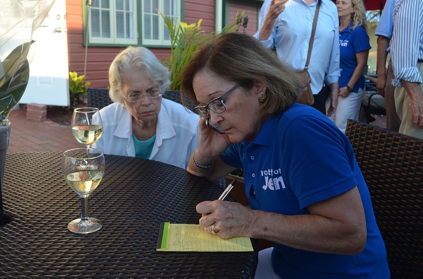 Jen Ahearn-Koch Campaign Manager Kathy Kelley Ohlrich marks down early voting returns during an election night party at The Reserve.
