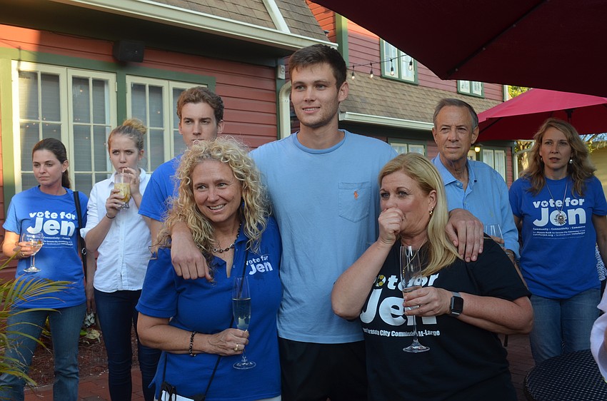 Jen Ahearn-Koch awaits election results with her son Tobias Koch and her sister, Betsy Ahearn.