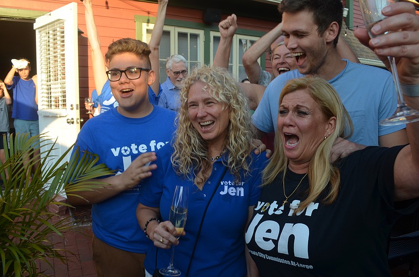 Jen Ahearn-Koch celebrates the election results with her sons, Oliver and Tobias Koch, and her sister, Betsy Ahearn.