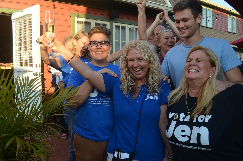 Jen Ahearn-Koch celebrates the election results with her sons, Oliver and Tobias Koch, and her sister, Betsy Ahearn.