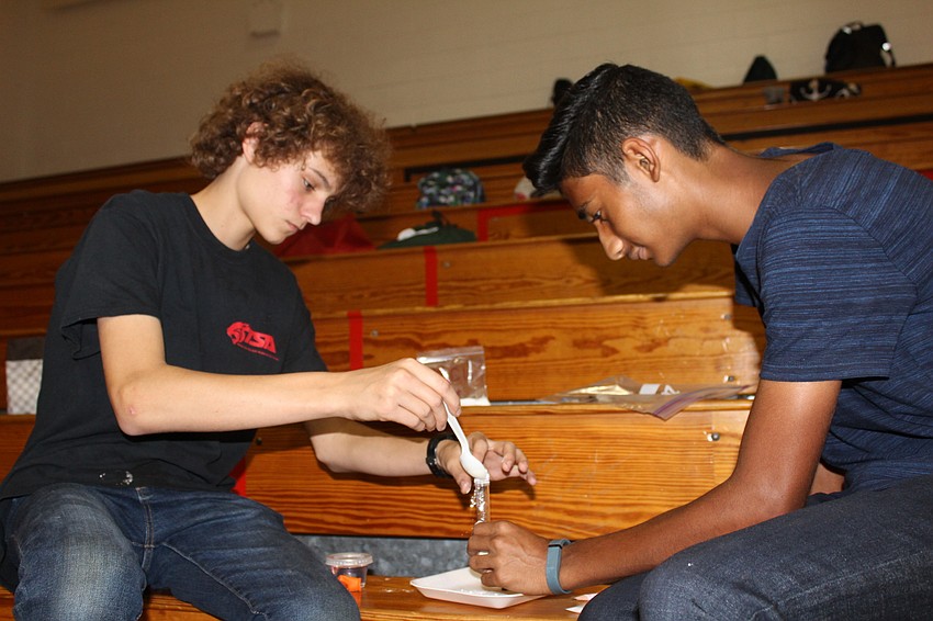 Braden River Middle School eighth-graders Colby Wade and Matej Rodrigues cook up a chemical concoction.