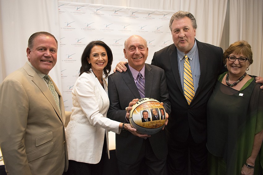 Honoree Brian Kelly, Event Planner Mary Kenealy, Host Dick Vitale, Honoree Bob Huggins and V Foundation for Cancer Research CEO Susan Braun