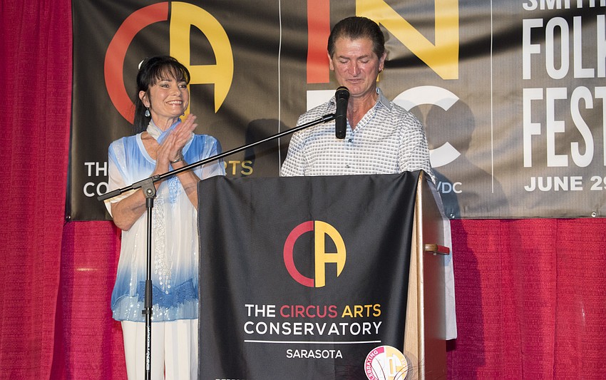 Circus Arts Conservatory Co-Founders Dolly Jacobs-Reis and Pedro Reis address the crowd at La Cirque Appetit on May 16 at Sailor Circus Arena.