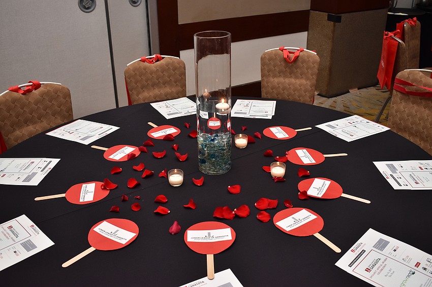 The ballroom was adorned with the Junior League national color, red, at the Junior League of Sarasota Annual Dinner on May 16 at Hyatt Regency Sarasota.