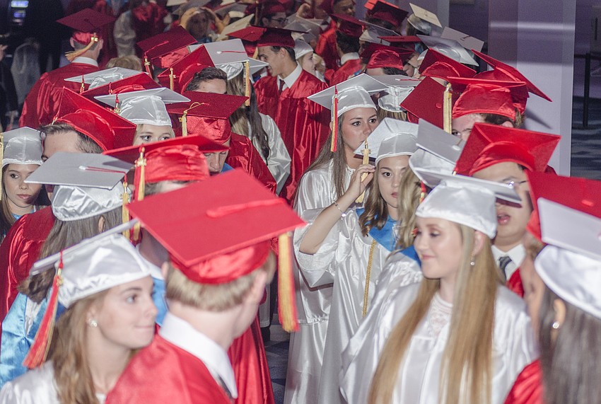 Students line up to enter the auditorium at the Van Wezel Performing Arts Hall.