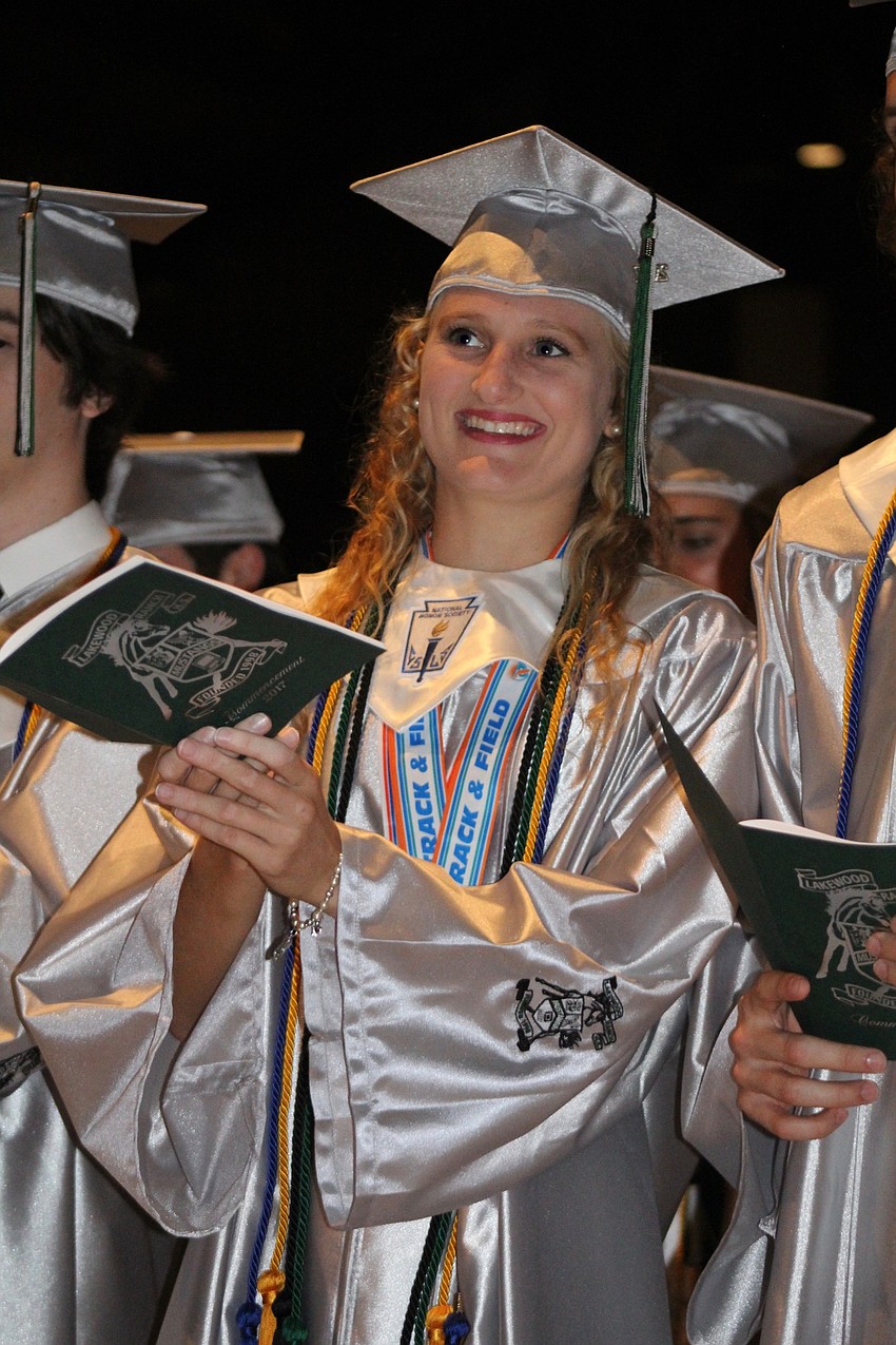 Lakewood Ranch High School graduate Sophia Falco celebrates as the graduation ceremony comes to an end.