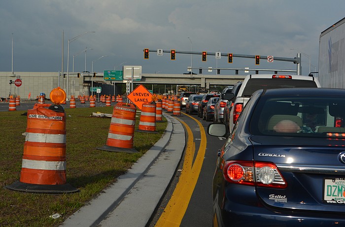 Traffic backs up on University Parkway as it attempts to negotiate the diverging diamond pattern at the I-75/University Parkway interchange.