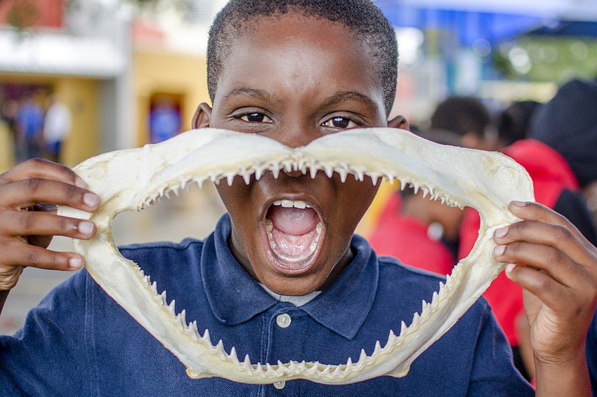 DJ poses with shark teeth at the Mote activity truck after the ribbon cutting.