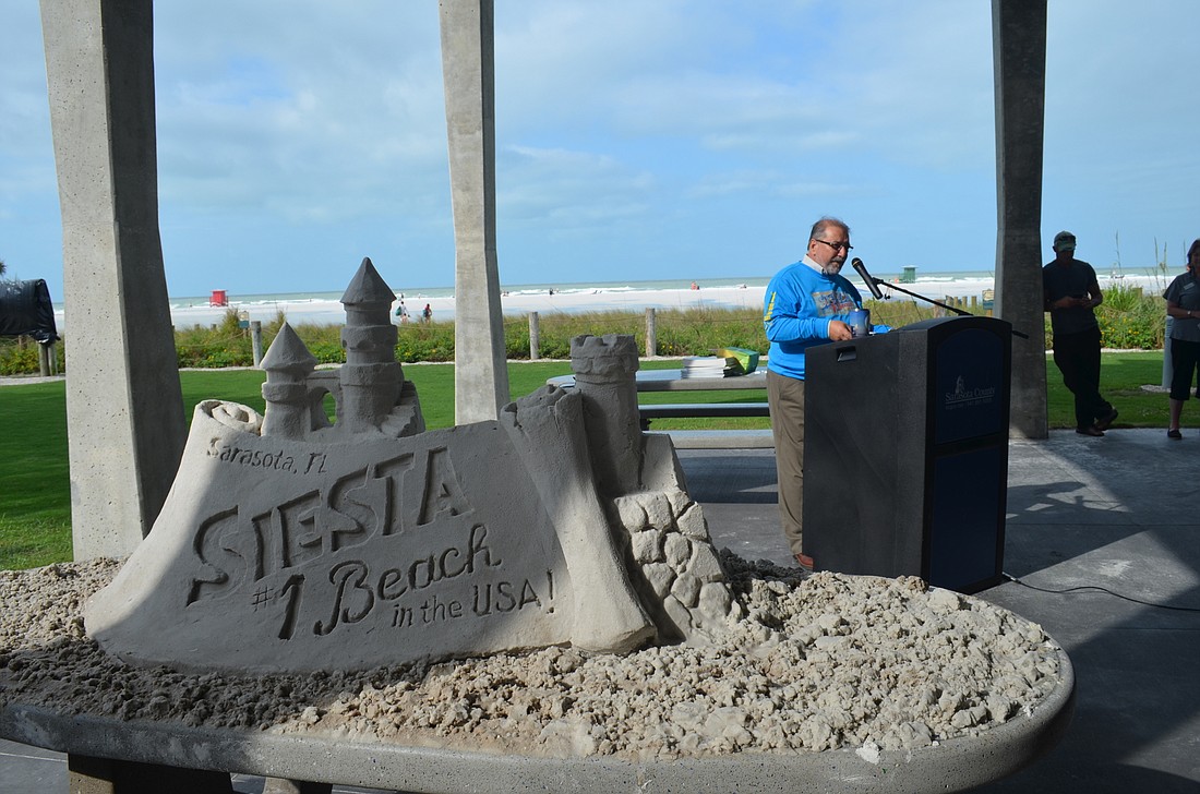 County Commissioner Al Maio speaks at an event Thursday honoring Siesta Beach&#39;  s No. 1 Ranking on Dr. Beach&#39;  s list.