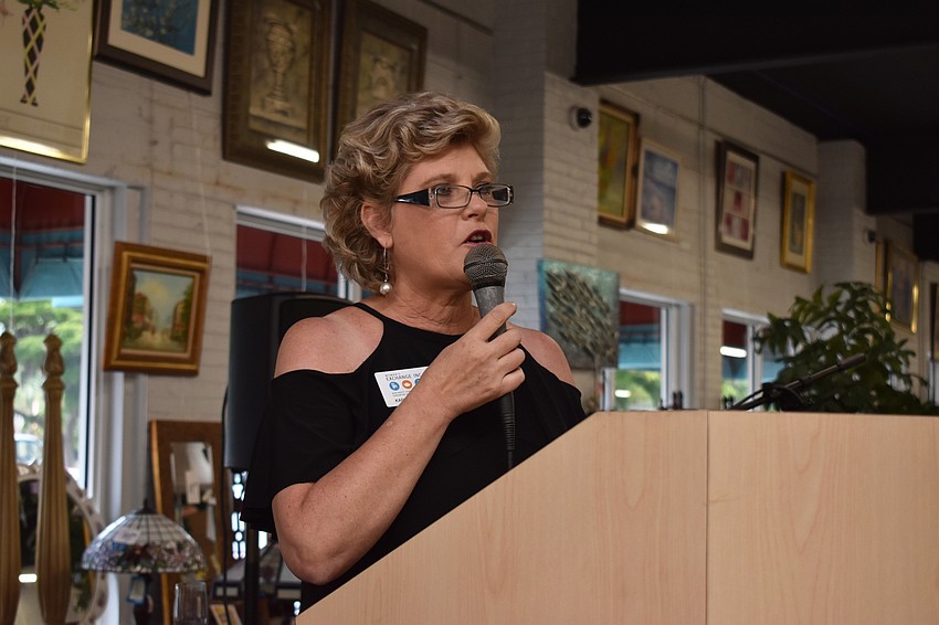 Woman’s Exchange CEO Karen Koblenz addresses the crowd at the Woman'   s Exchange Awards Celebration on June 1 at Woman’s Exchange.