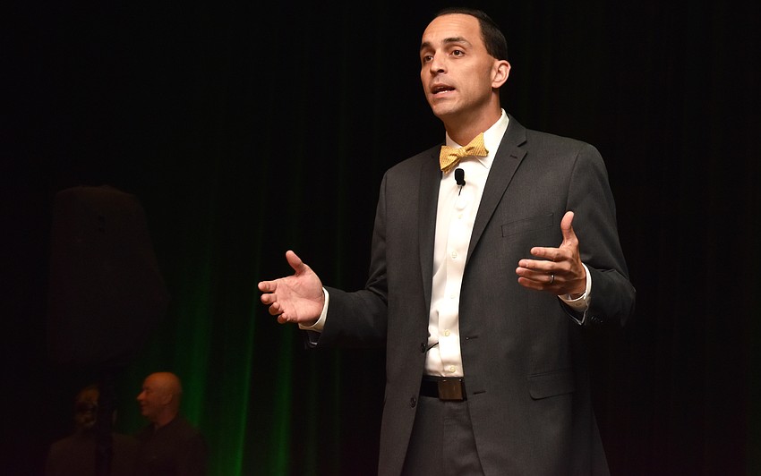 Greater Sarasota Chamber of Commerce President and CEO Kevin Cooper gives his chamber update at the Greater Sarasota Chamber of Commerce 2017 Frank G. Berlin, Sr. Small Business Awards on June 2 at Hyatt Regency Sarasota.