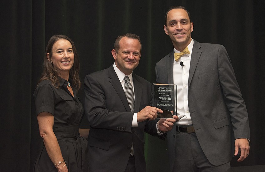 Jennifer Compton, Jim Miller, CEO of Retail Business of the Year DutchCrafters, and Greater Sarasota Chamber of Commerce President and CEO Kevin Cooper