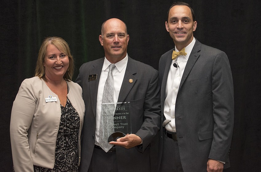 Michelle Mitchell, CEO of Small Business of the Year Caldwell Trust Company Kelly Caldwell and Greater Sarasota Chamber of Commerce President and CEO Kevin Cooper
