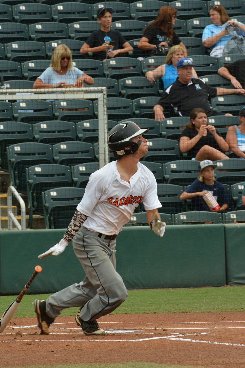 Nick Winkelmeyer watches his first-inning line drive.