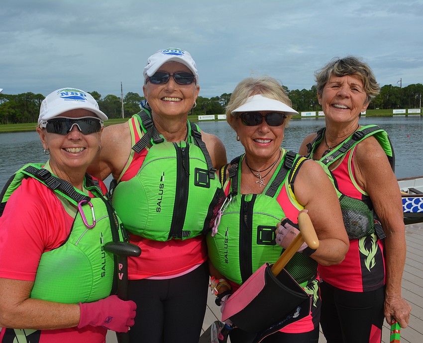 East County'        s Pat Van Stedum, and Lakewood Ranch'        s Barb Green, JoAnn Moore and Dana Bauer get together after a heat at the Suncoast International Dragon Boat Festival.