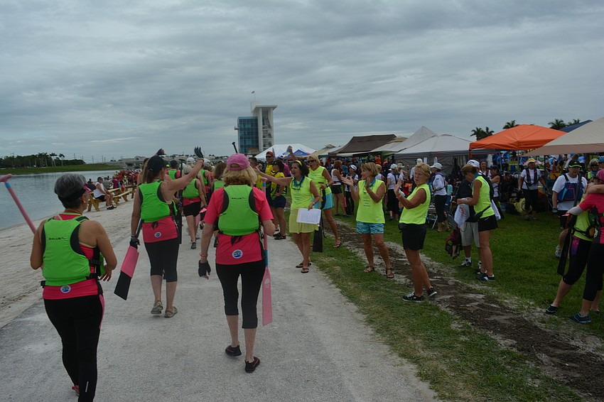 Before the race, all the opposing teams support each other.