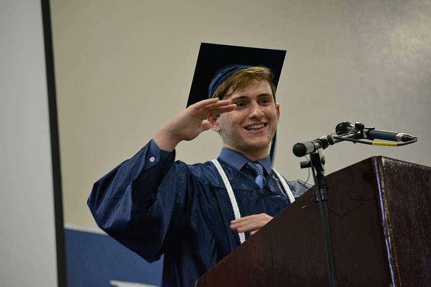 Senior speaker Nicholas Murphy cracks many jokes including that it'     s ok he'     s not valedictorian because he was elected to speak by 