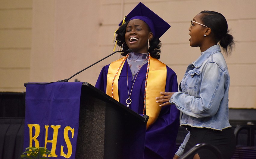 Members of the BHS Gospel Choir perform “Can’t Give Up Now” during the Booker High School Graduation on June 3 at Robarts Arena.